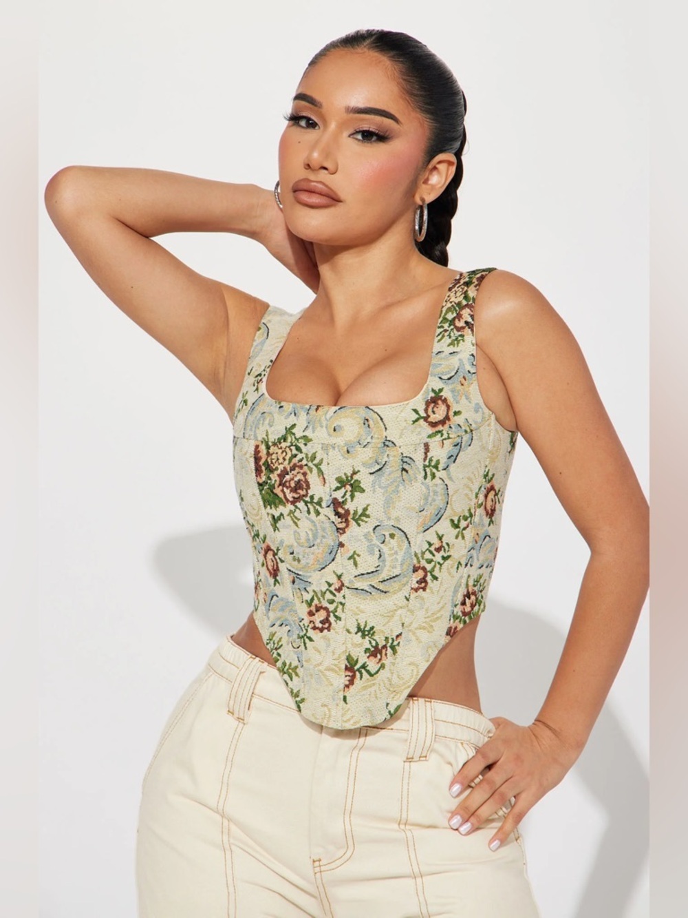 Baroque Tapestry Corset Floral Jacquard Pointed Hem Crop Top Cream